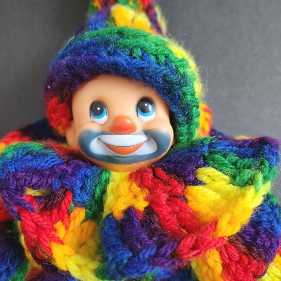 Vtg Curlicue Crochet Clown Doll Rubber Face Handmade Toy Variegated Yarn Pompom - Picture 2 of 9